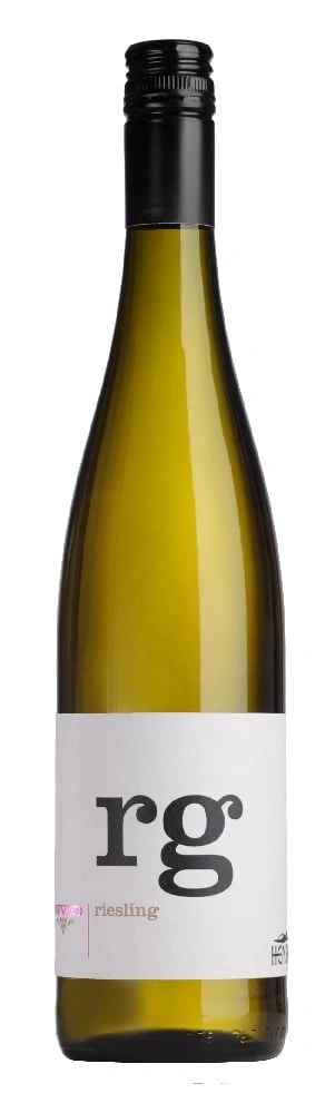 Weinflasche mit weißem Etikett, Aufschrift rg, Riesling, schwarzer Verschluss