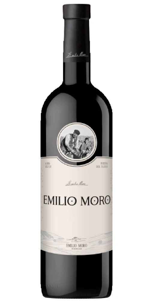 Eine Flasche Rotwein von Emilio Moro, mit einem Etikett, das zwei Männer bei der Weinlese zeigt.