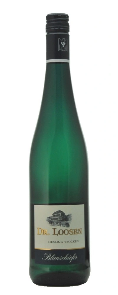 Grüne Weinflasche mit Etikett von Dr. Loosen, Riesling Trocken, Blauschiefer.