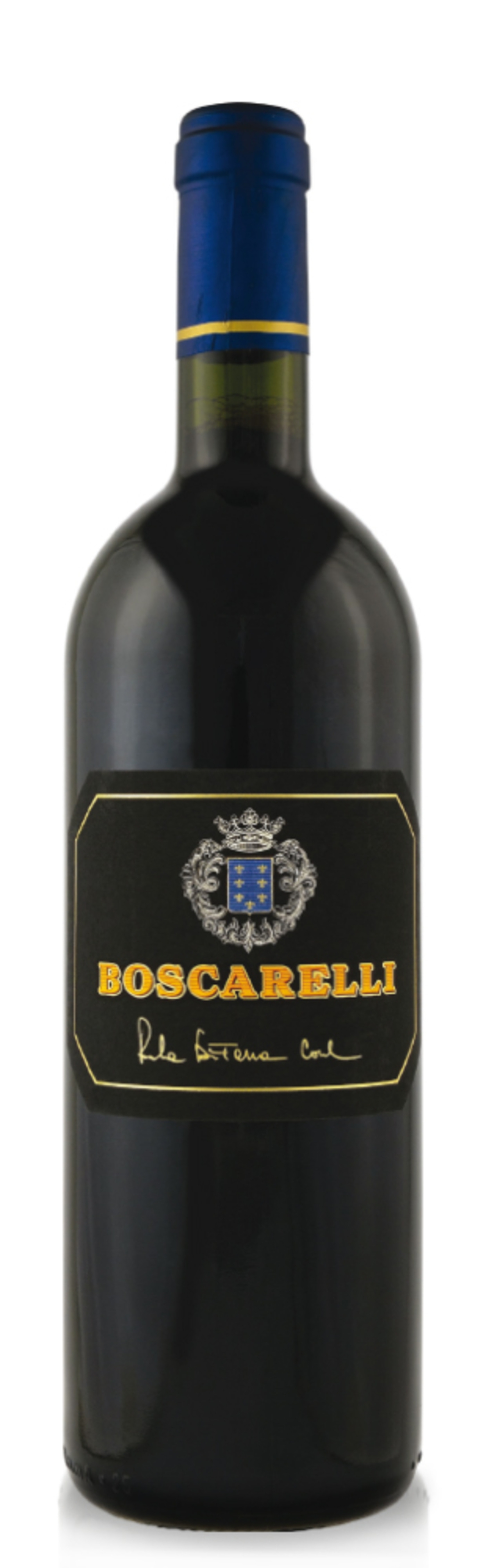 Wein-Flasche mit schwarzem Etikett und goldenen Details, BOSCARELLI.