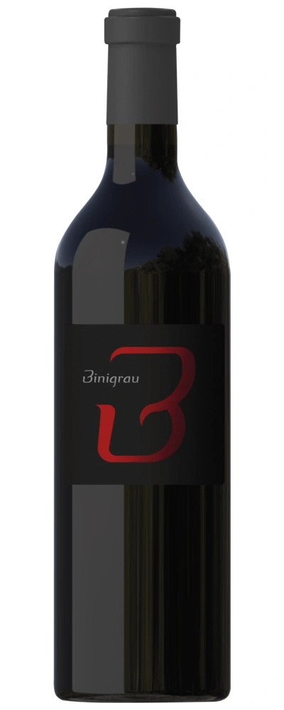 Wein-Flasche mit schwarzem Etikett und rotem Logo, Biniagru