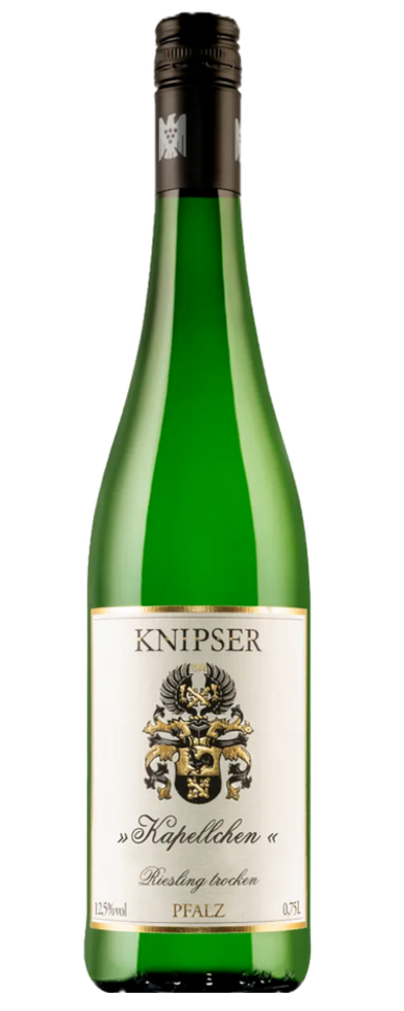 Grüne Weinflasche mit Etikett, Aufschrift Knipser, Kapellchen, Riesling trocken, Pfalz.