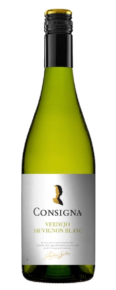 Eine Flasche Consigna Verdejo Sauvignon Blanc Weißwein mit silbernem Etikett.