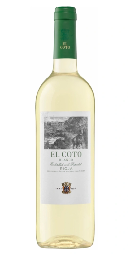 Eine Flasche El Coto Blanco Rioja Wein mit einem Hirsch auf dem Etikett.