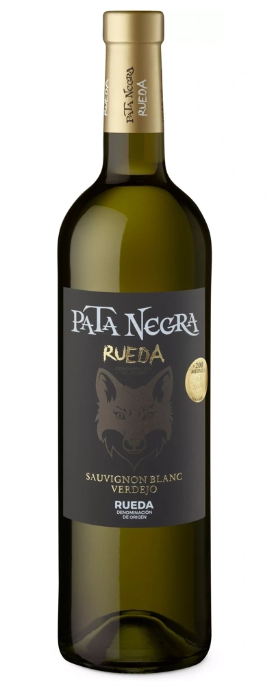 Eine Flasche Weißwein mit schwarzem Etikett und einem Fuchs-Logo.