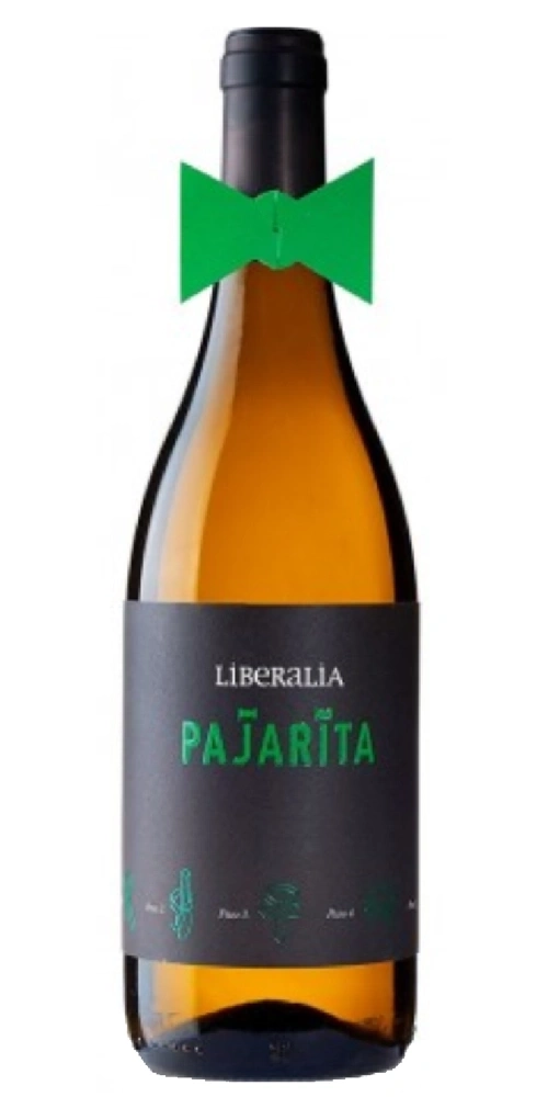 Flasche Weißwein mit grüner Fliege und schwarzem Etikett