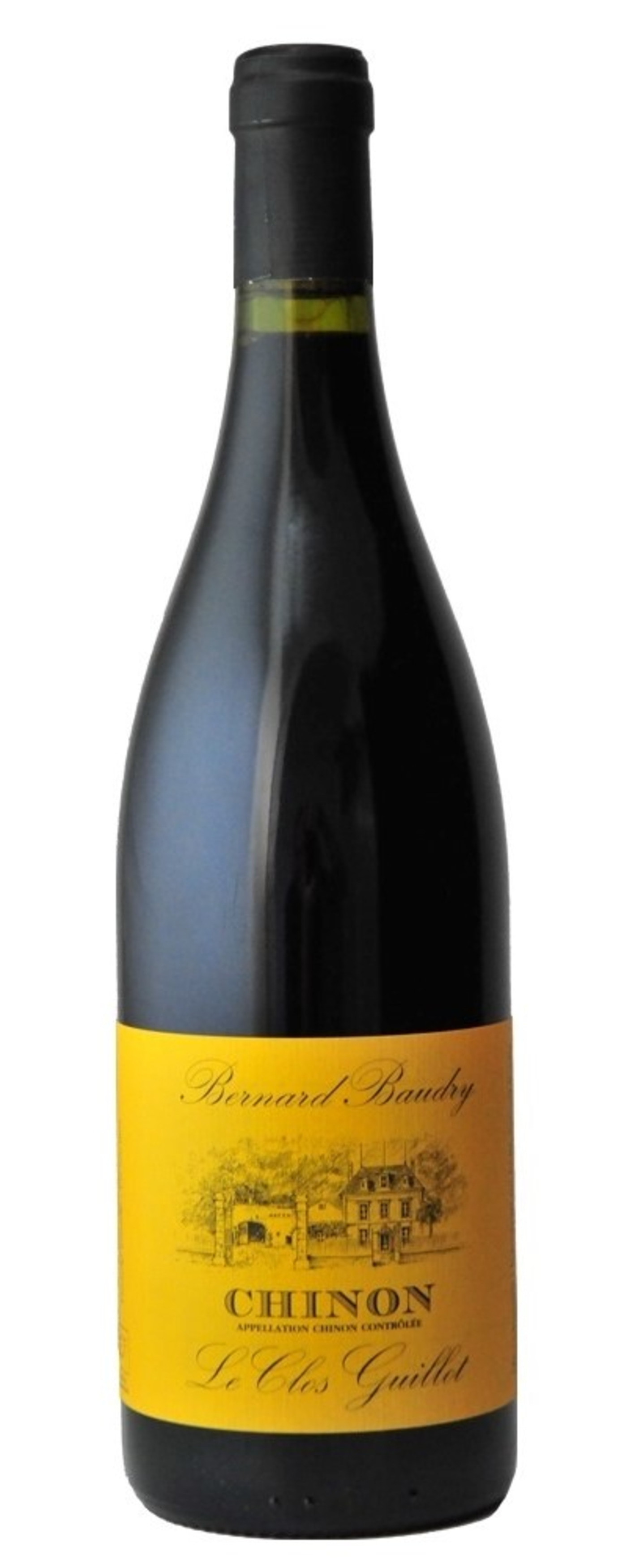 Wein-Flasche mit gelbem Etikett, Chinon Le Clos Guillot, Bernard Baudry