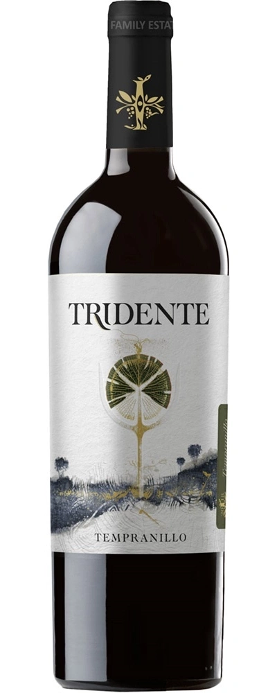 Wein-Flasche mit dem Namen Tridente Tempranillo, Familienbesitz, rot