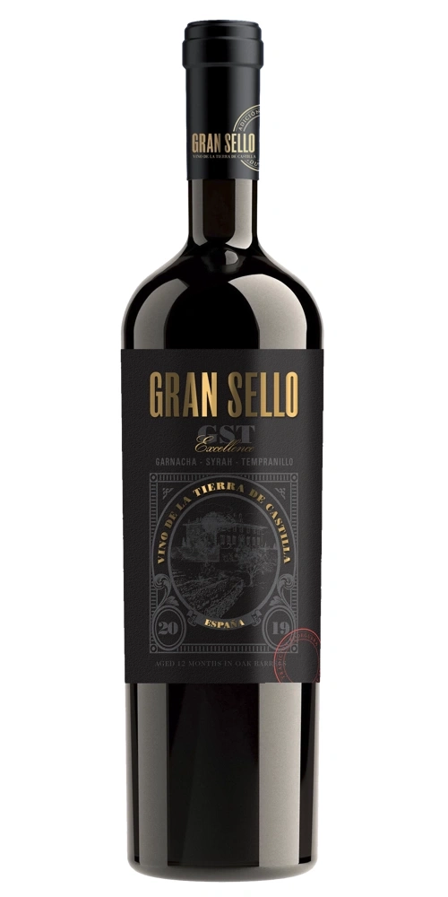 Schwarze Weinflasche Gran Sello Excellence mit goldenem Etikett und Abbildung