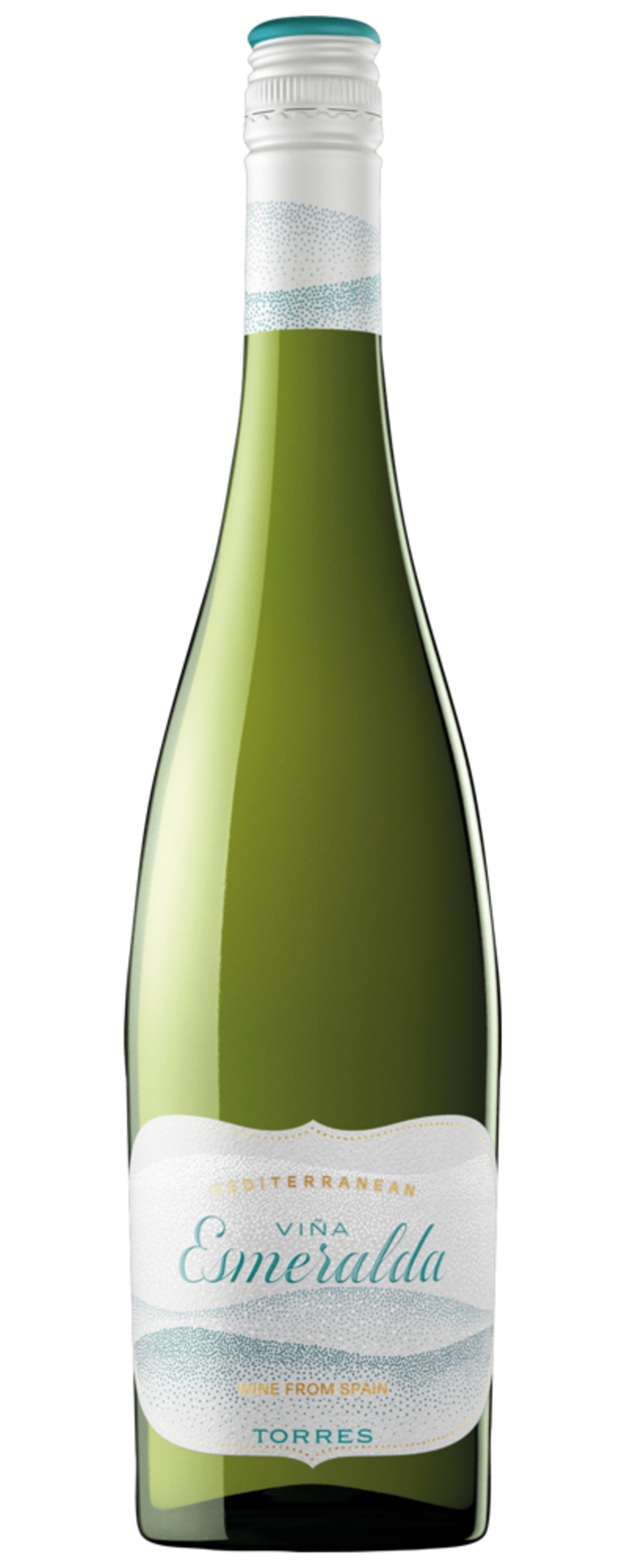 Weinflasche Viña Esmeralda, mediterraner Wein, Torres, Spanien, grün, weißes Etikett