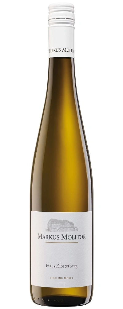 Weinflasche von Markus Molitor, Haus Klosterberg, Riesling Mosel, weißes Etikett.