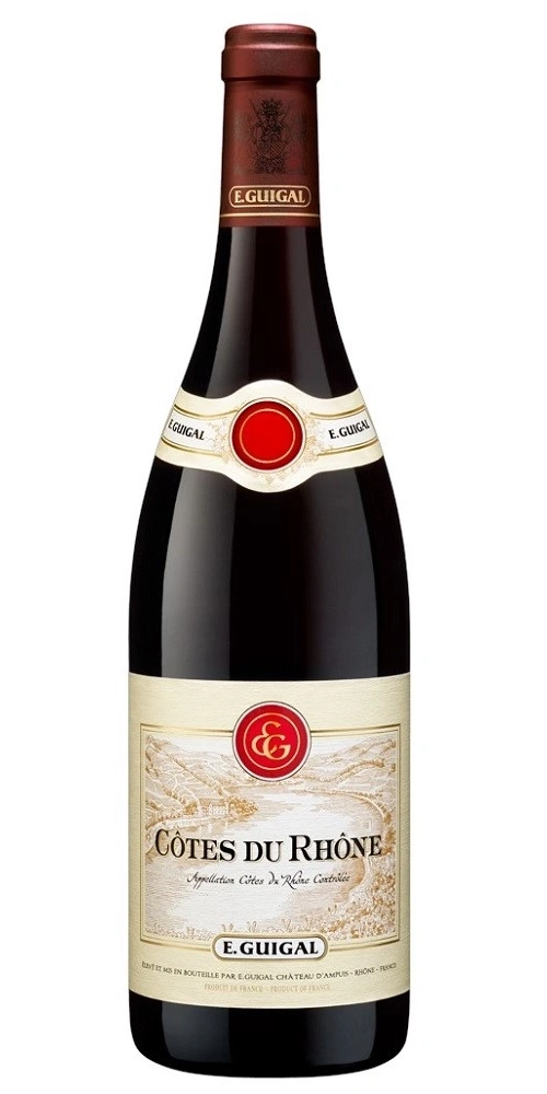 Rotweinflasche von E. Guigal Côtes du Rhône, Frankreich, mit Etiketten und Siegel.