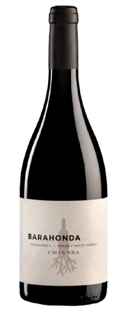 Eine Flasche Rotwein mit dem Etikett Barahonda Crianza Monastrell Syrah Petit Verdot