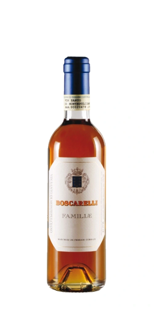 Eine Flasche Wein mit dem Etikett BOSCARELLI FAMILIE