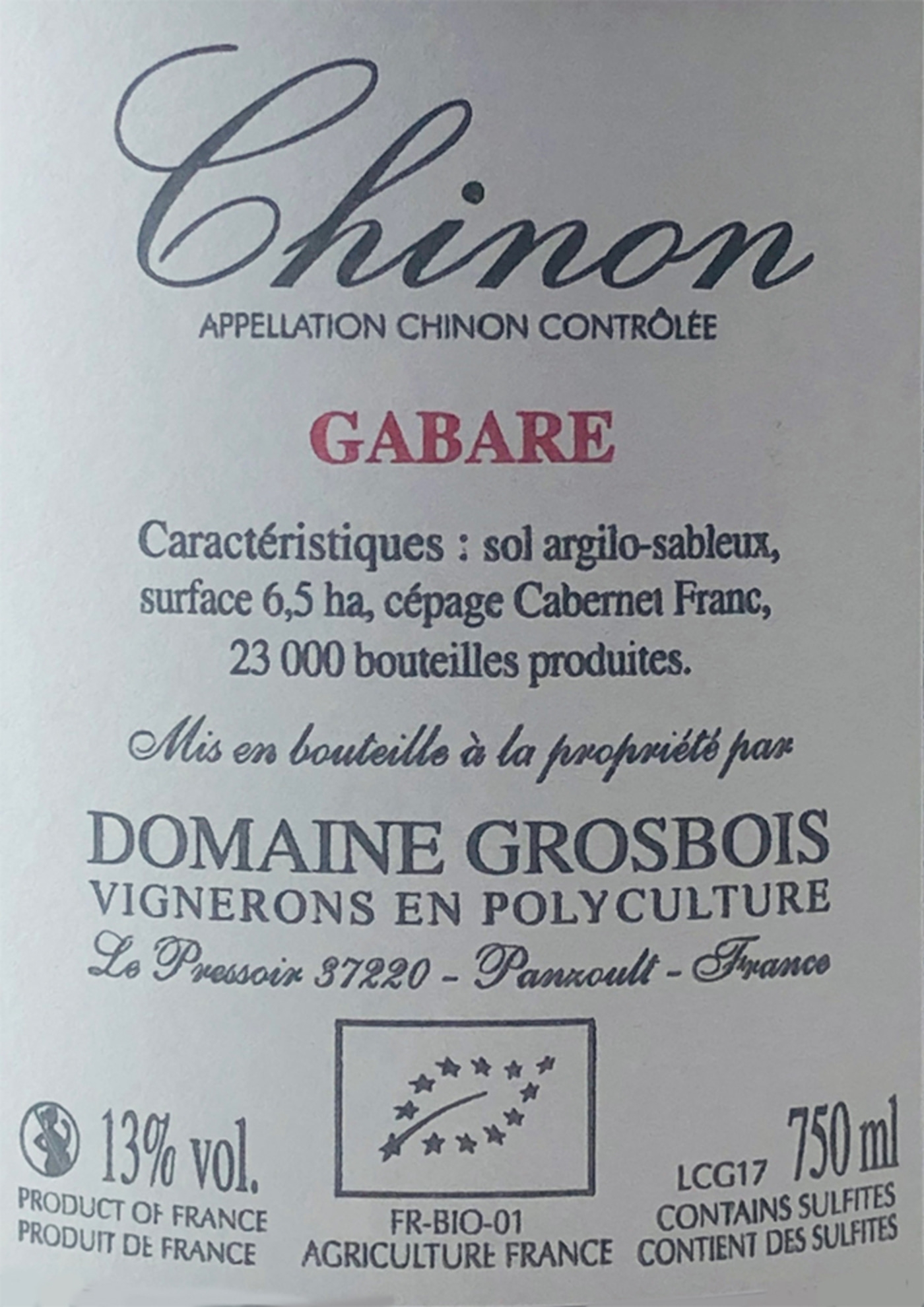 Wein Etikett Chinon Gabare, 13% vol, 750ml, Domaine Grosbois, Frankreich, Cabernet Franc