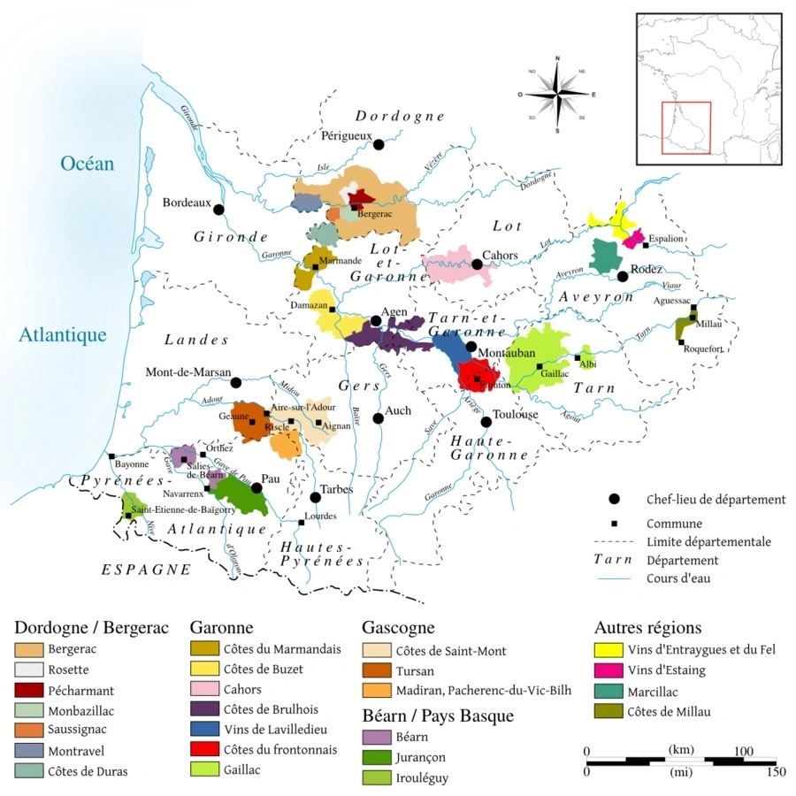 Karte der Weinregionen in Südwestfrankreich mit Flüssen und Städten.