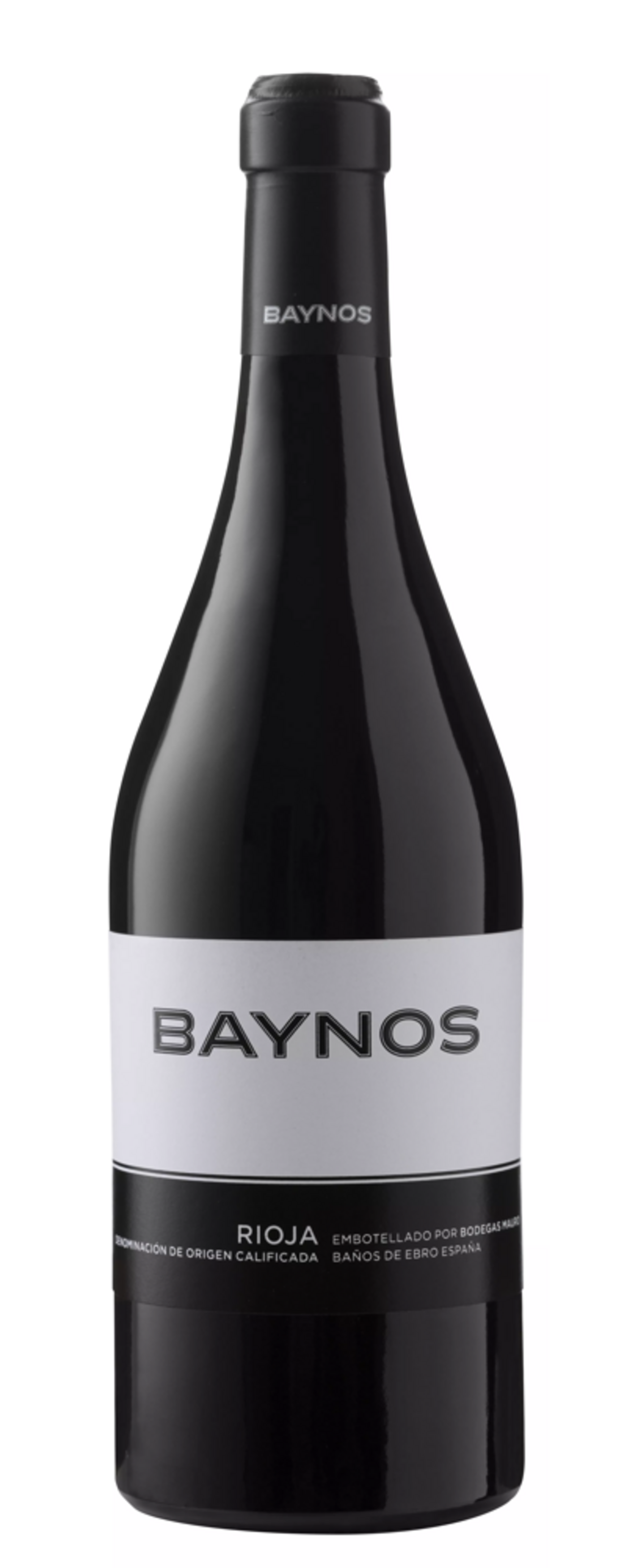 Wein-Flasche BAYNOS Rioja, schwarz, weißes Etikett, spanischer Wein, Bodegas Maur