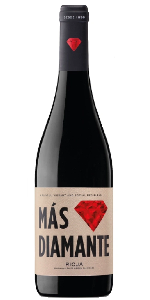 Flasche Rotwein Mas Diamante Rioja mit rotem Diamanten-Logo.