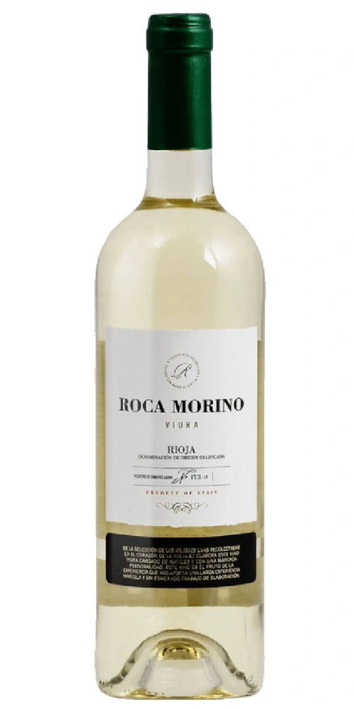 Eine weiße Weinflasche von Roca Morino, Viura, Rioja, Produkt aus Spanien.
