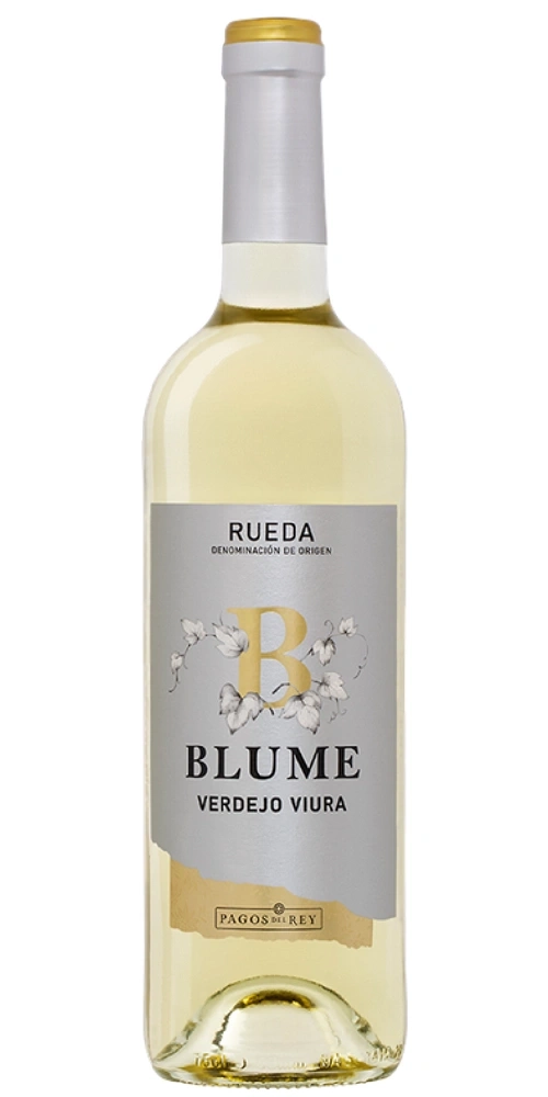 Eine Flasche Weißwein von Blume Verdejo Viura mit silbernem Etikett.