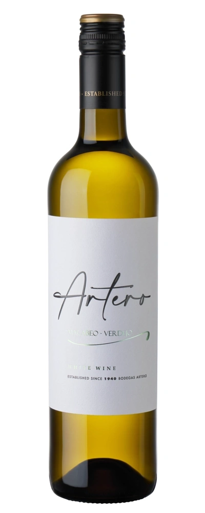 Flasche weißer Wein von Artero mit Etikett, Macabeo-Verdejo, gegründet 1940.