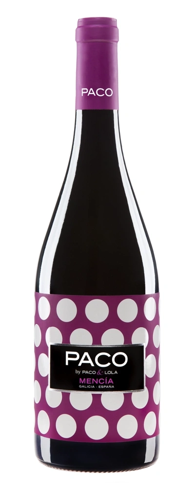 Eine Flasche Rotwein mit lila Kappe und weißen Punkten auf dem Etikett.