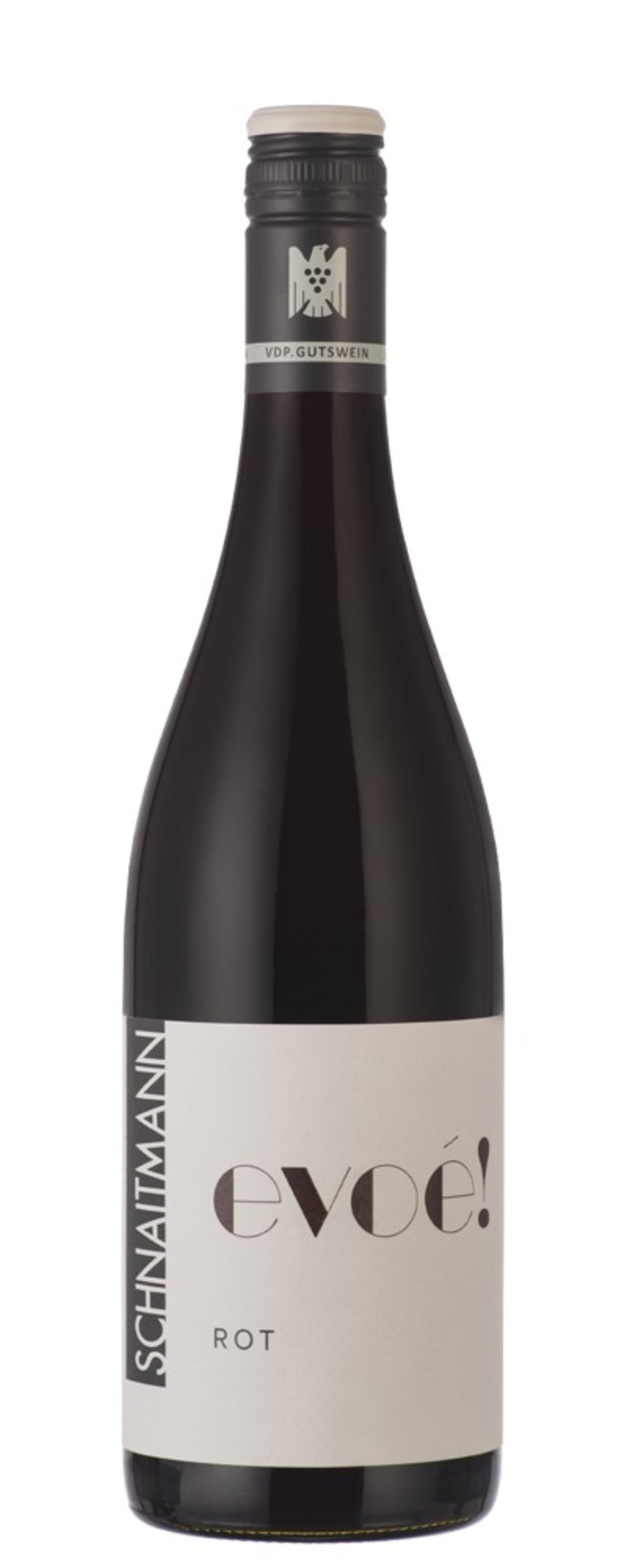 Weinflasche mit Etikett 'evoe!' und der Aufschrift 'ROT' in dunklem Rotwein