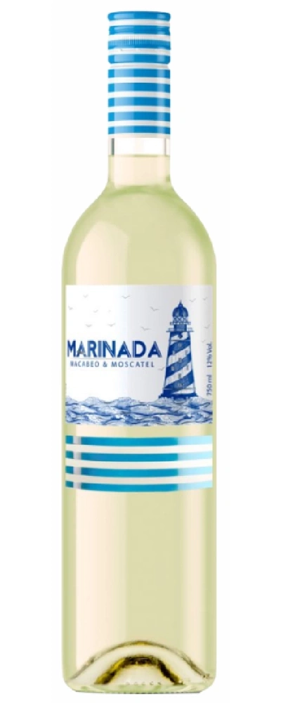 Eine Flasche Weißwein mit blau-weißen Streifen und einem Leuchtturm-Motiv.