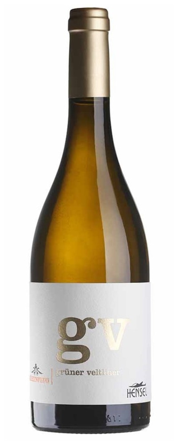 Höhenflug Grüner Veltiner tr. 2022 Hensel Weinflasche mit goldener Kapsel und weißem Etikett mit GV-Logo und Text.