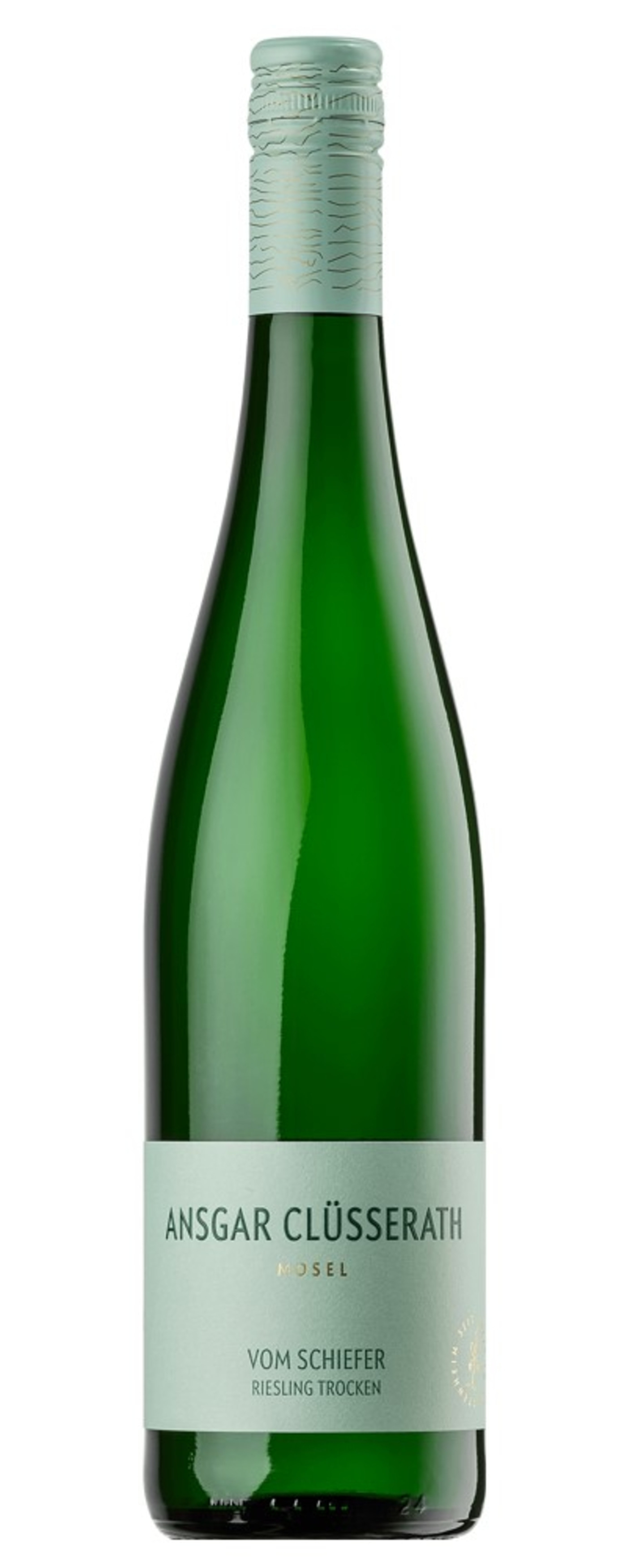 Grüne Weinflasche mit Etikett von Ansgar Clüsserath, Mosel, Riesling Trocken.