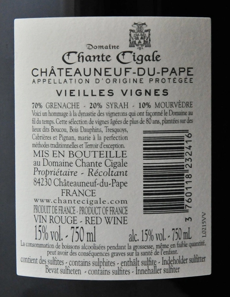 Châteauneuf-du-Pape Wein, 15% Alkohol, 750ml, Chante Cigale, Rotwein, Frankreich, Vielle Vignes