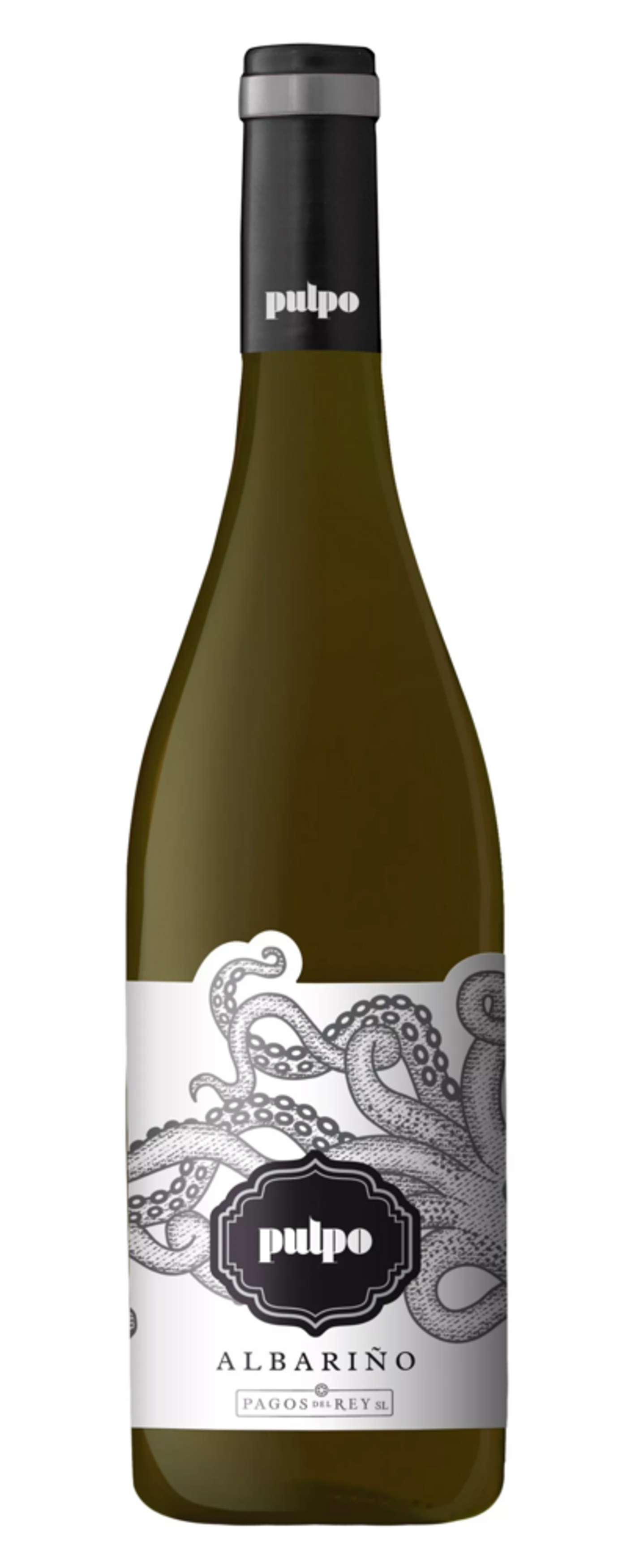 Weinflasche mit Tintenfisch-Etikett, Albariño, Pulpo, Pagos del Rey SL, Weißwein