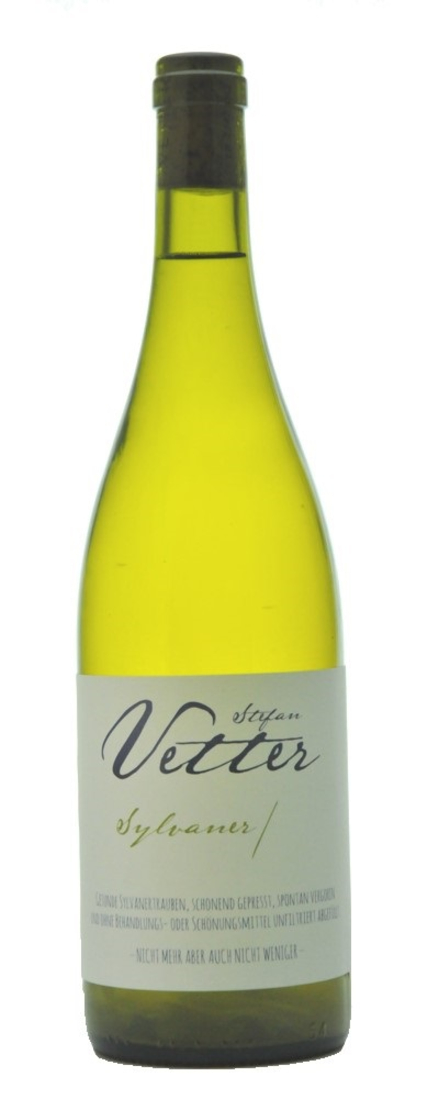 Weinflasche Vetter Sylvaner, weißer Wein, Etikett mit Text, grüne Flasche, Korken