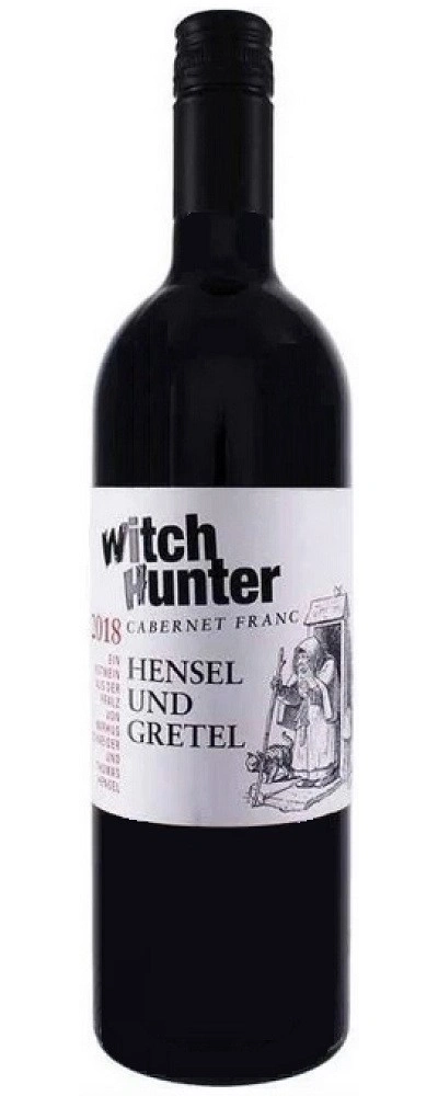 Weinflasche mit dem Etikett "Witch Hunter Cabernet Franc Hensel und Gretel".