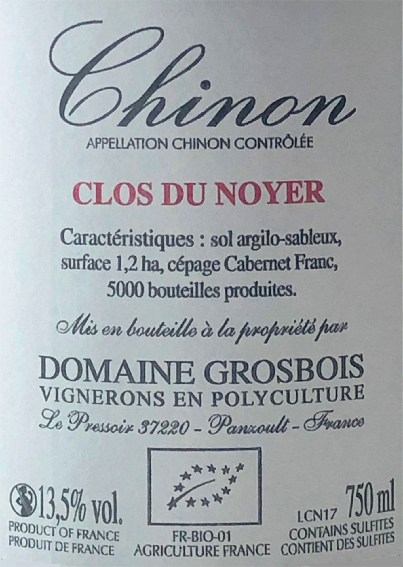 Weinlabel Chinon Clos du Noyer, 13,5% vol., 750ml, Cabernet Franc, Frankreich