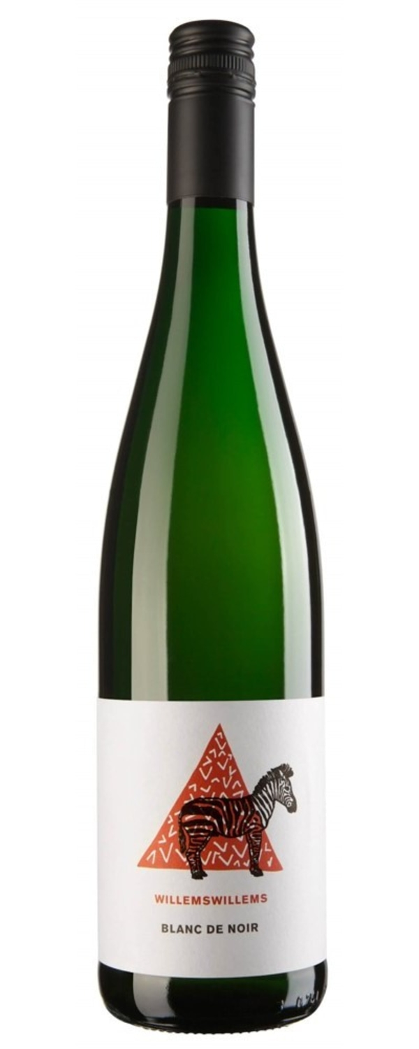Weinflasche mit Zebra-Etikett, grün, weiß, rot, schwarz, Willemswillems Blanc de Noir