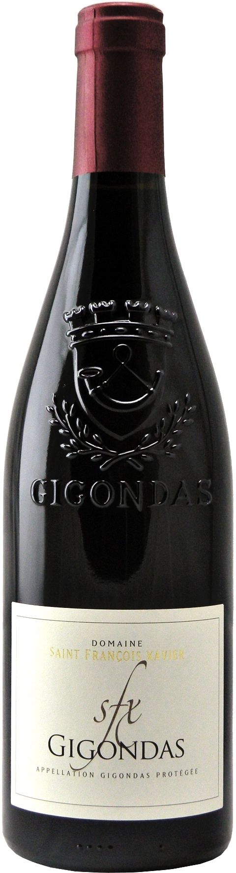 Wein-Flasche mit dem Namen Gigondas, Saint François Xavier, Appellation Gigondas Protégée.