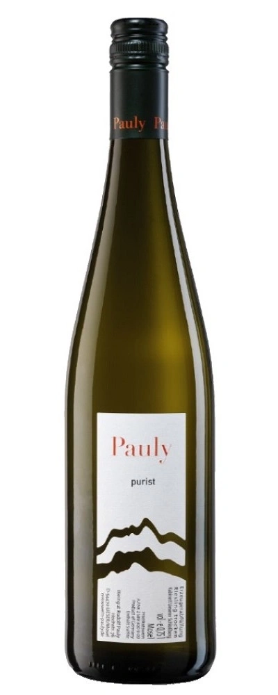 Weinflasche mit Etikett 'Pauly purist' und 'Mosel'.