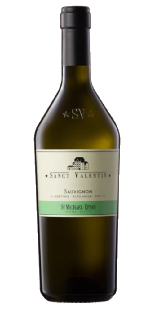 Eine Flasche Weißwein von St. Michael-Eppan mit dem Etikett Sanct Valentin Sauvignon