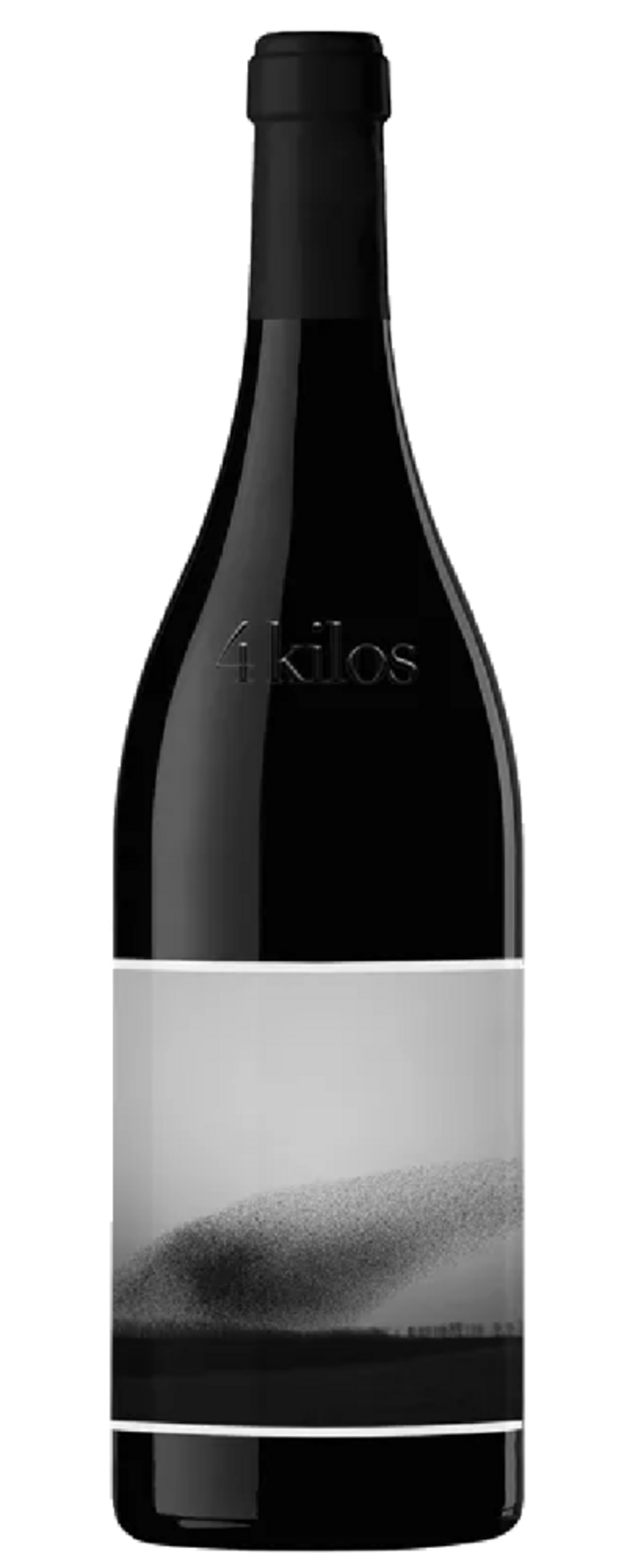 Wein-Flasche mit dem Schriftzug '4 kilos' und einem Landschaftsbild auf dem Etikett.