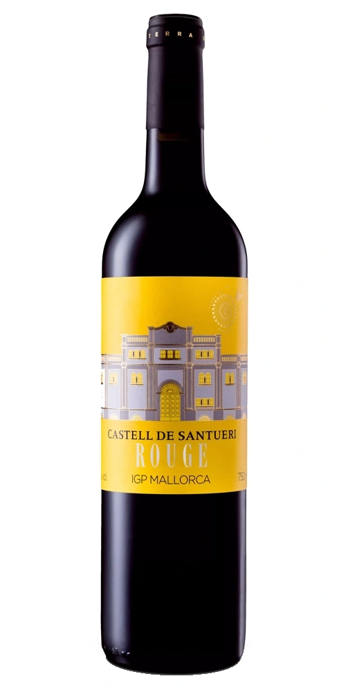 Eine Flasche Rotwein mit einem gelben Etikett, das ein Gebäude zeigt.