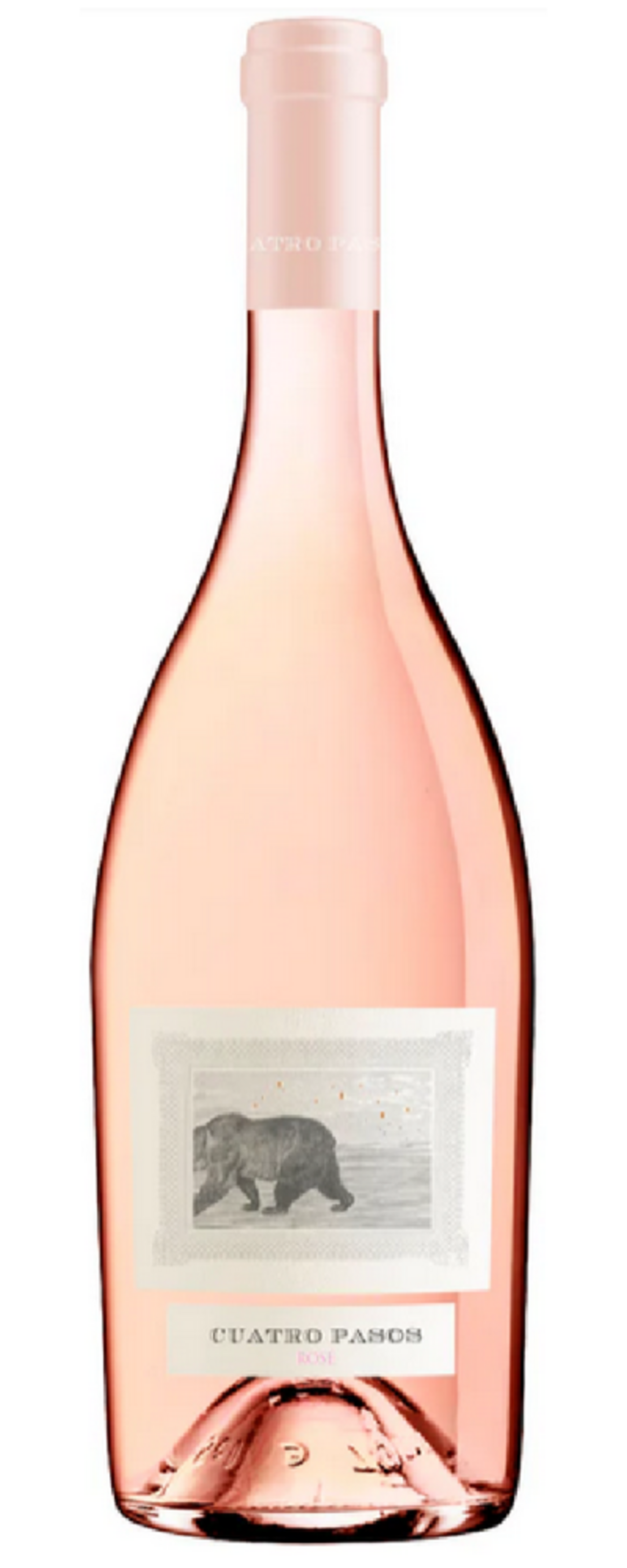 Roséwein-Flasche mit Etikett, das einen Bären zeigt, und dem Schriftzug 'Cuatro Pasos'