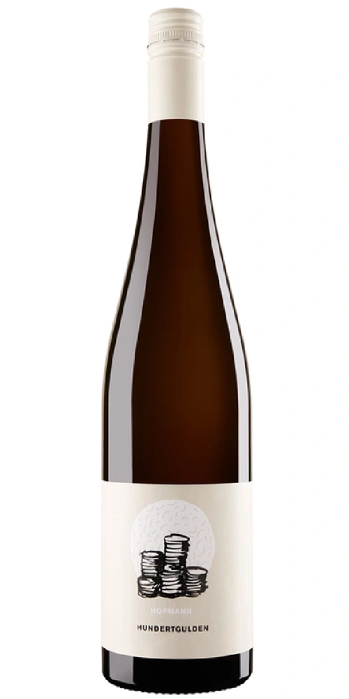 Eine Flasche Hofmann Hundertgulden Wein mit einem Etikett, das Münzstapel zeigt.