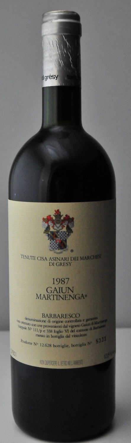 Wein-Etikett mit Text, Jahrgang 1987, Barbaresco, Gaiun Martinenga, Tenute Cisa Asinari dei Marchesi di Gresy