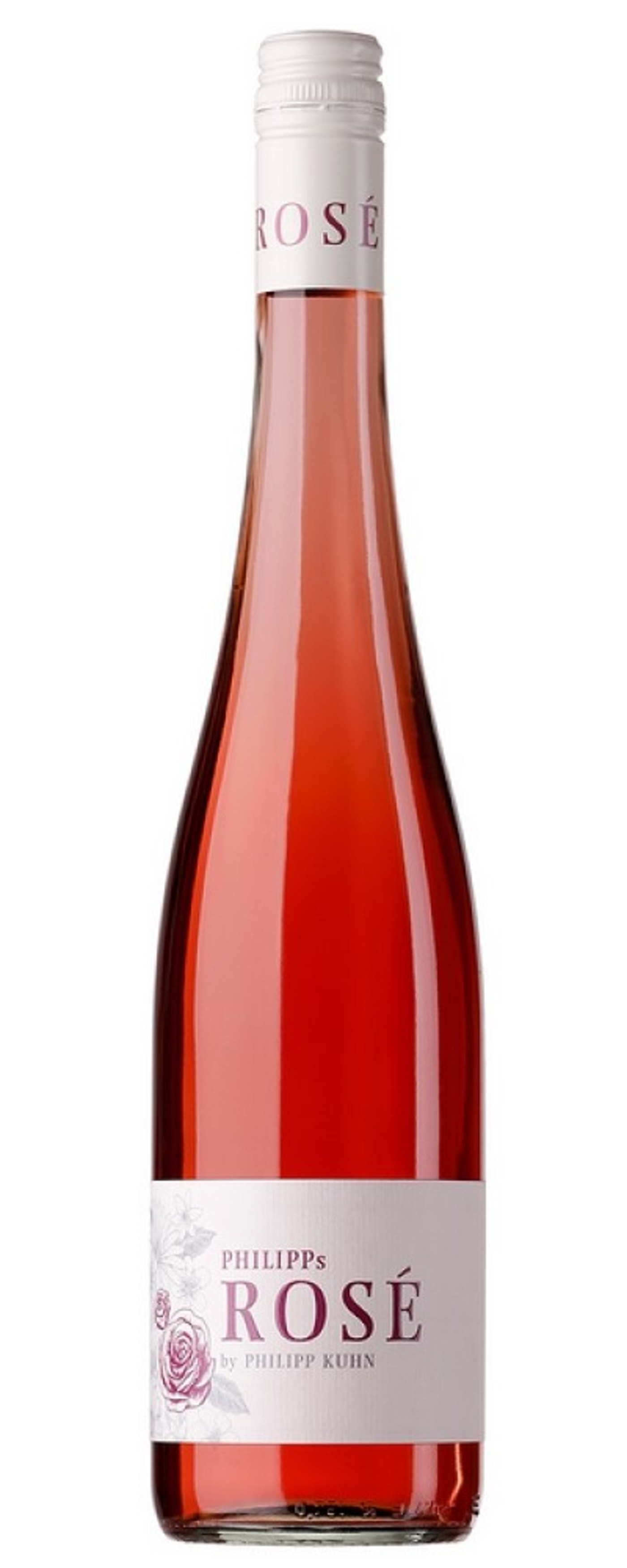 Rosé-Wein-Flasche, Philipps Rosé, von Philipp Kuhn, rosa Flüssigkeit, weißes Etikett, weißer Verschluss