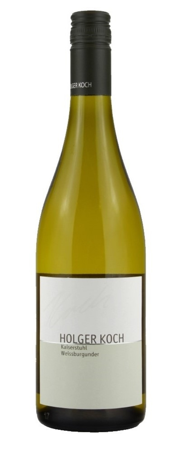 Weinflasche von Holger Koch, Weißburgunder, Kaiserstuhl, grüne Flasche, Etikett