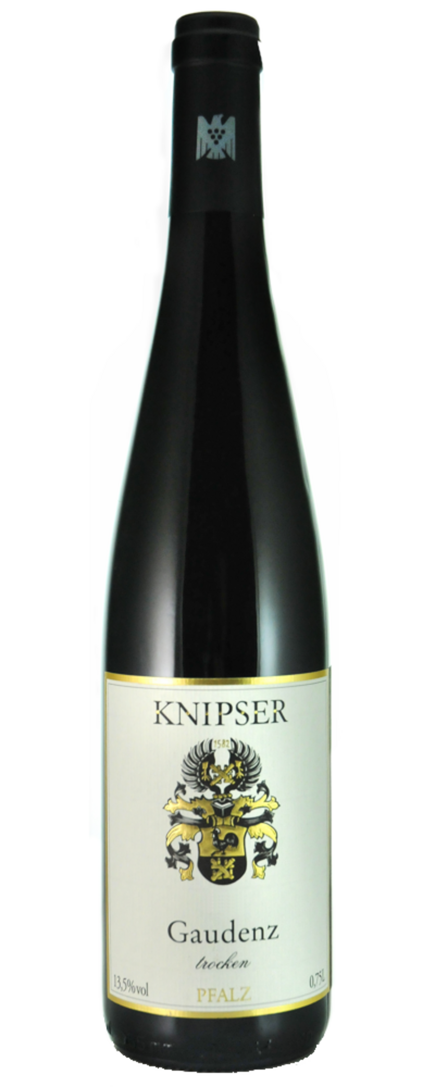 Weinflasche mit Etikett, Aufschrift Knipser, Gaudenz, trocken, Pfalz, 13,5% vol.