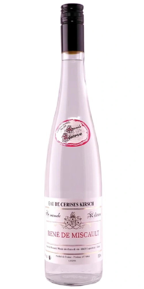 Eine Flasche Kirschwasser mit dem Etikett "René de MiscaulT".