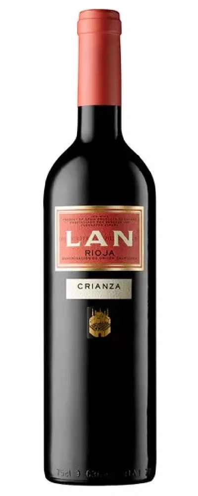 Wein-Flasche von LAN Rioja Crianza. Rotwein mit roter Kapsel und Etikett.