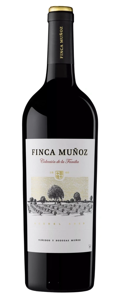 Wein-Flasche mit Etikett 'FINCA MUÑOZ' und Landschaftszeichnung, dunkelrot